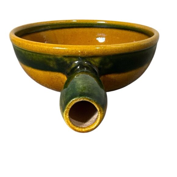 Landert 20 Two Tone Mustard Yellow Green Stripe Fondue Casserole Stoneware Pot - Picture 4 of 11